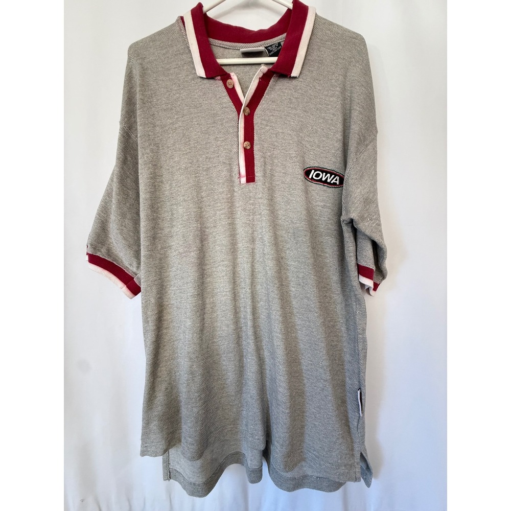 Vintage Pro Edge Iowa Polo Shirt Mens Large Grey Burgundy Cotton Short Sleeve
